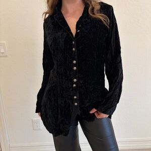 Vtg Black Velvet Button Down Shirt Victorian Goth Vampy Witchy, Size Large